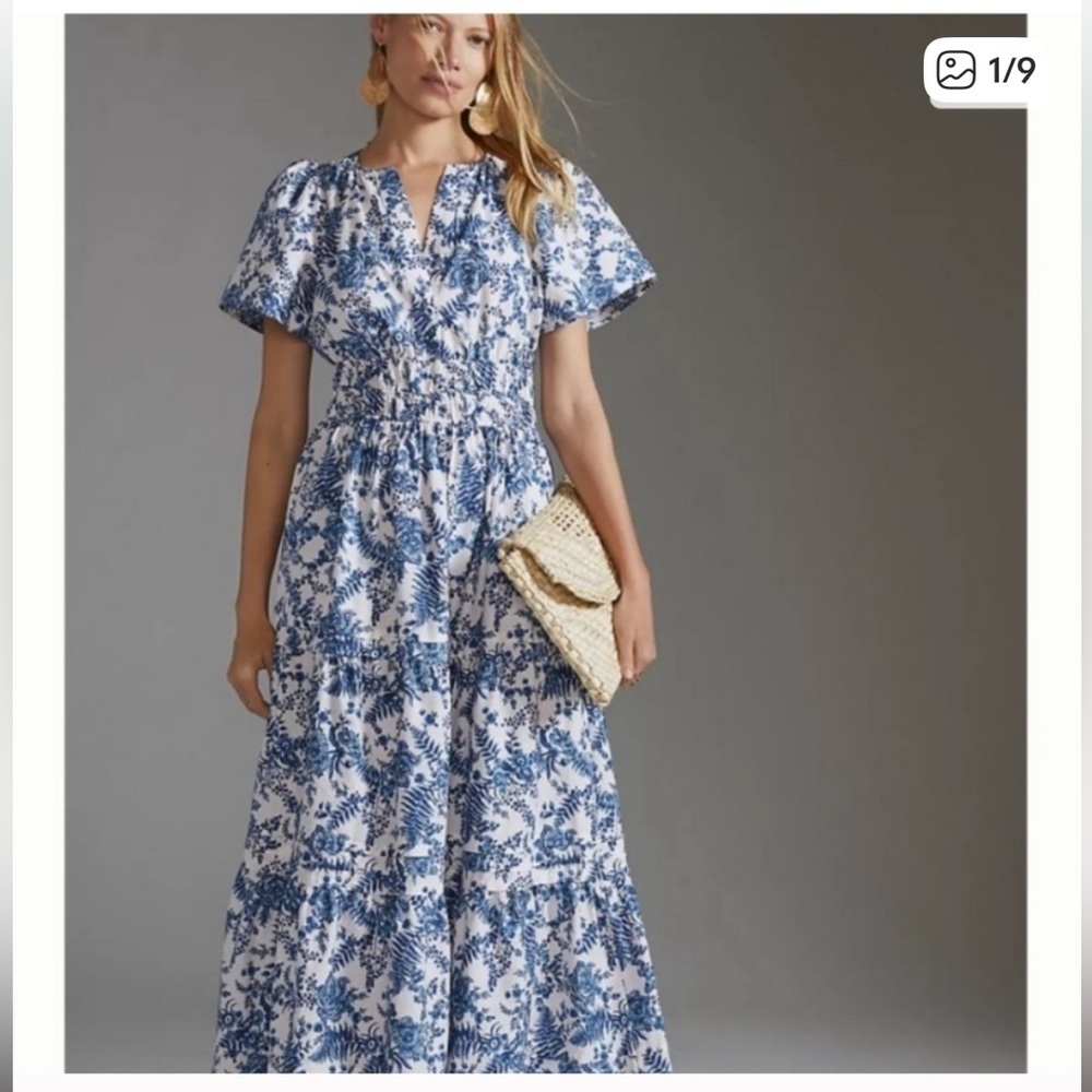 Anthropologie Blue & White Somerset Floral Tiered Maxi Dress XS